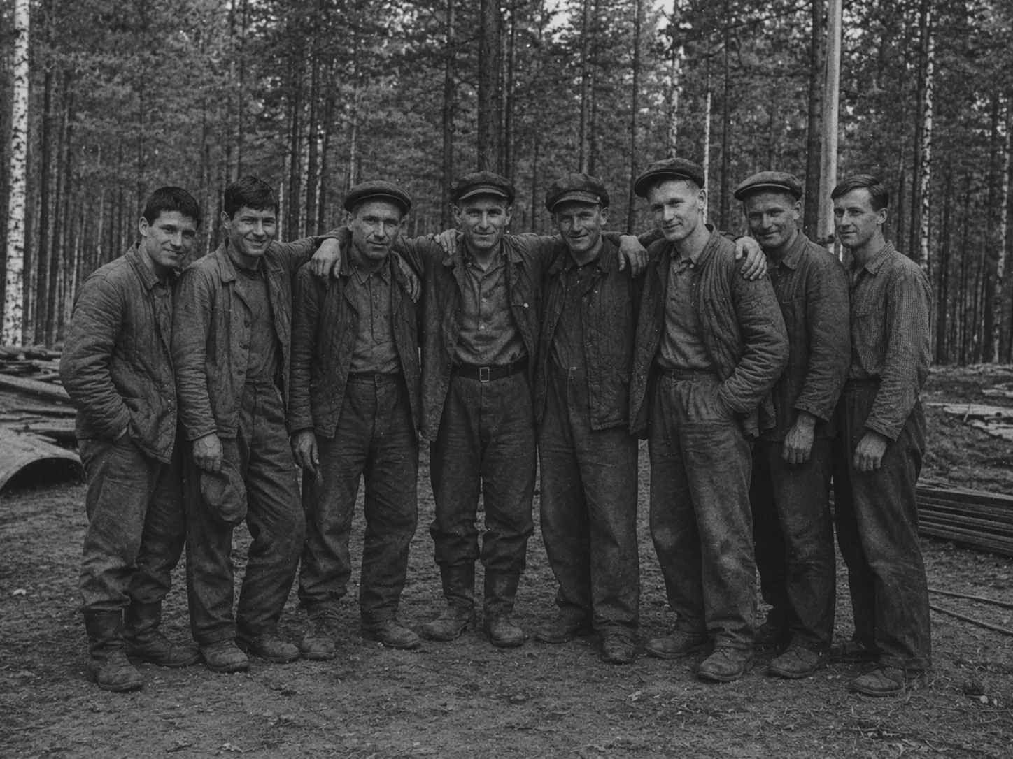 Молодой Пётр Иванов с товарищами на производстве