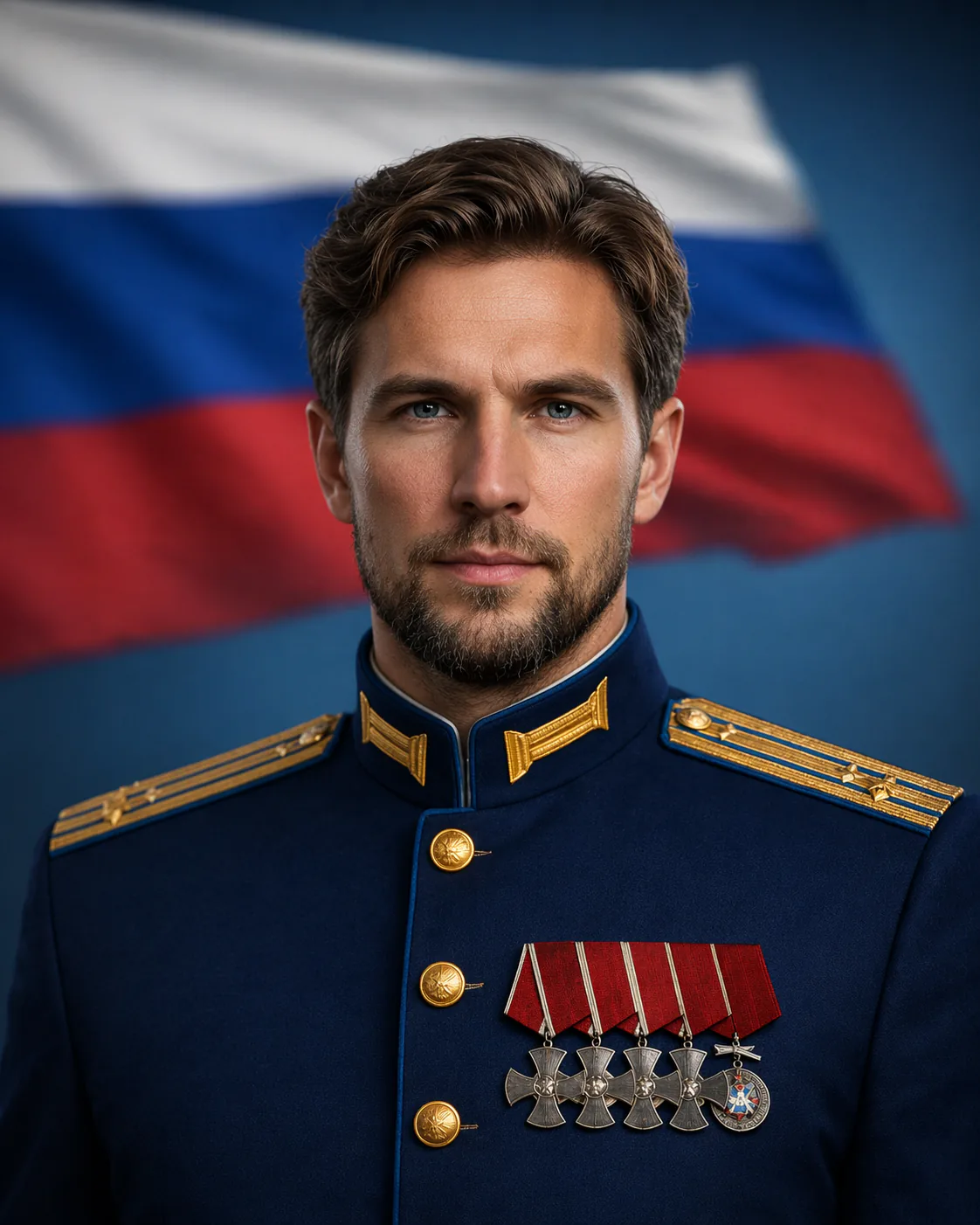 Портрет Ивана Смирнова в форме на фоне флага России
